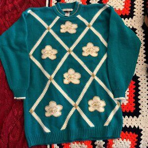 Vintage Dona Scott Blue Beaded Sweater - Size Medium